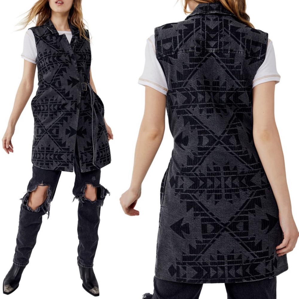Free People Geometric Longline Wrap Belted Denim Vest Gray/Black Size XS NEW